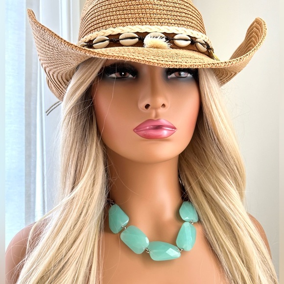 Kenneth Cole Aqua Sea Foam Stone Beads Brown Leather Cord Necklace Adjustable - Picture 11 of 11